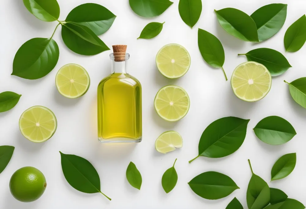 A Lime Slice Green Leaves And A Glass Bottle With Essential Oil On A White Background 14 E28b