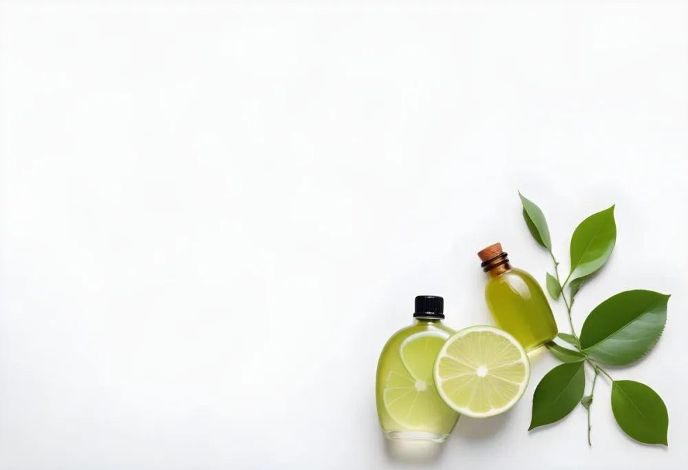A Lime Slice Green Leaves And A Glass Bottle With Essential Oil On A White Background 15 46b6