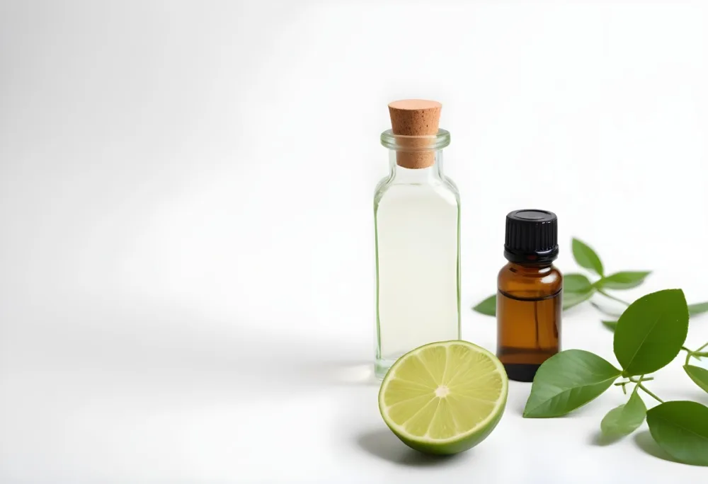 A Lime Slice Green Leaves And A Glass Bottle With Essential Oil On A White Background 16