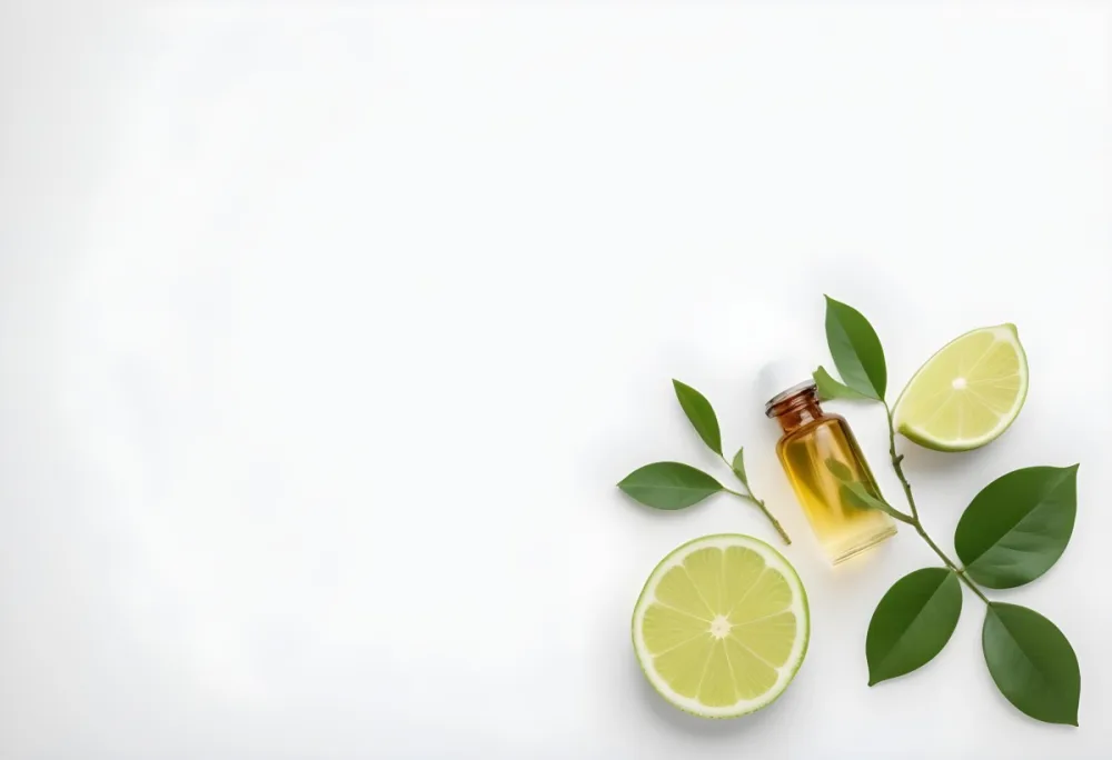 A Lime Slice Green Leaves And A Glass Bottle With Essential Oil On A White Background 17 106d