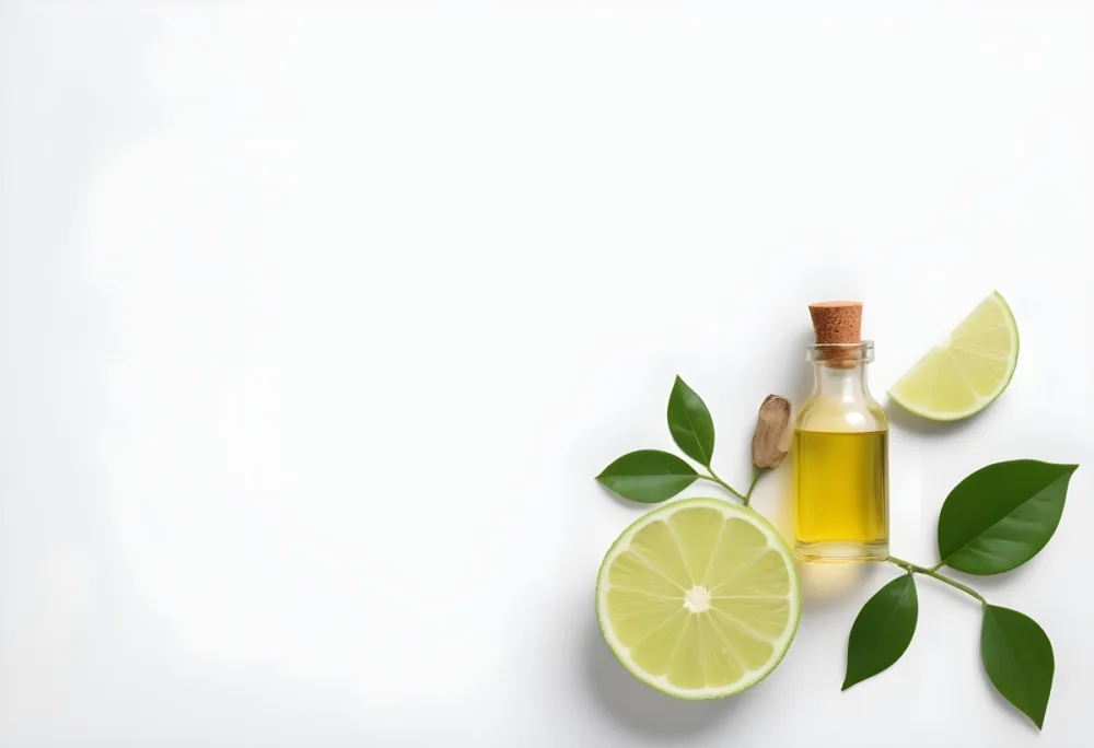 A Lime Slice Green Leaves And A Glass Bottle With Essential Oil On A White Background 18 97ef
