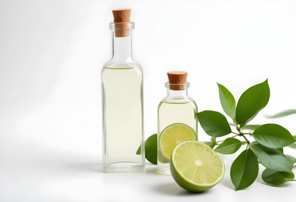 A Lime Slice Green Leaves And A Glass Bottle With Essential Oil On A White Background 19 6b92