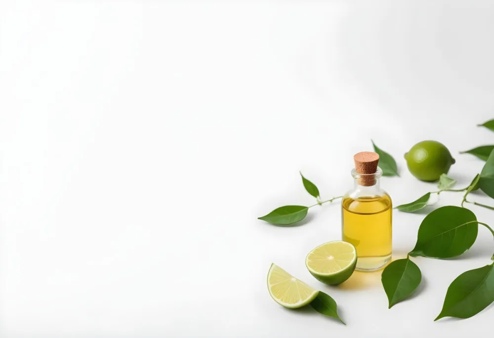 A Lime Slice Green Leaves And A Glass Bottle With Essential Oil On A White Background 20 D545