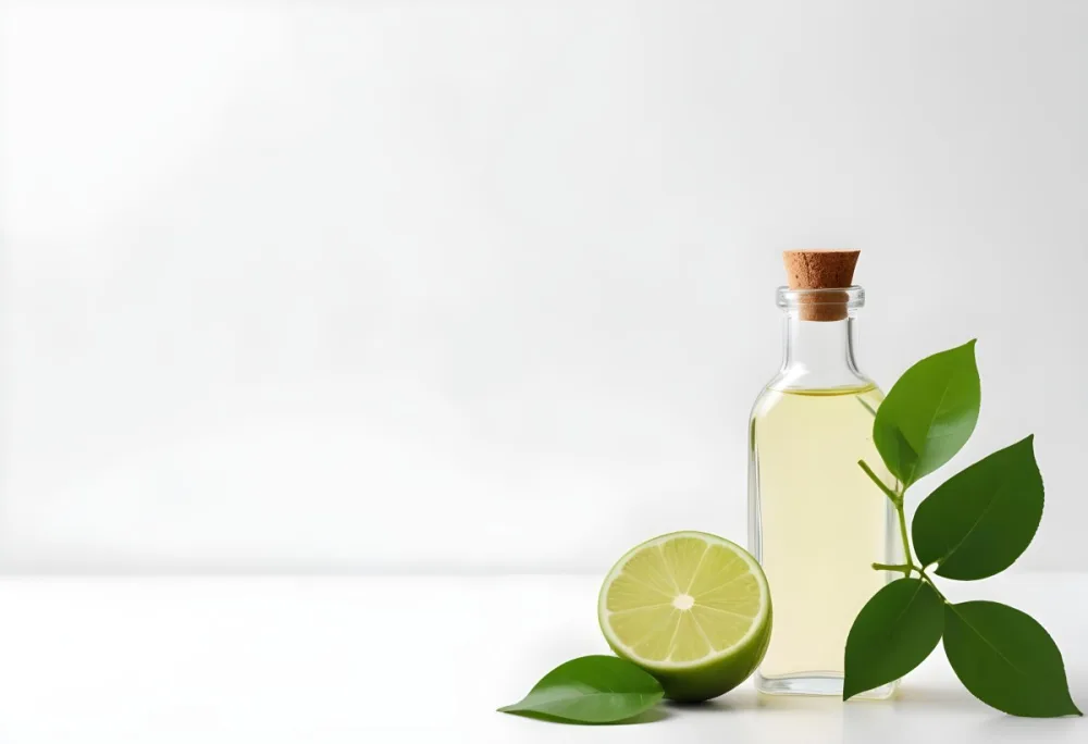 A Lime Slice Green Leaves And A Glass Bottle With Essential Oil On A White Background 21 0710