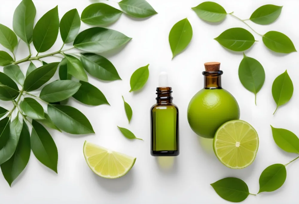 A Lime Slice Green Leaves And A Glass Bottle With Essential Oil On A White Background 3 2d26