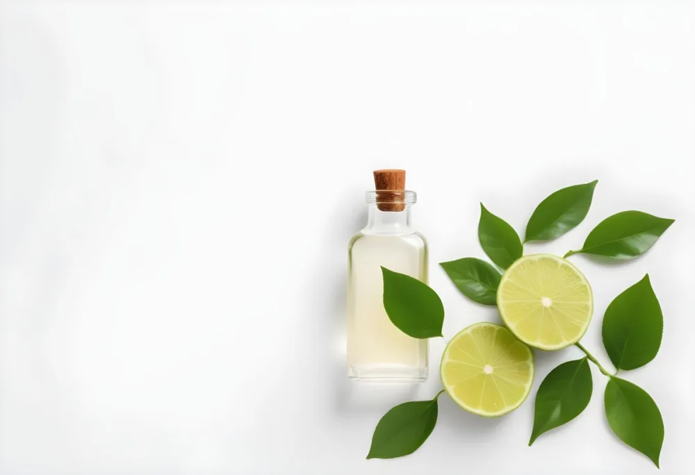 A Lime Slice Green Leaves And A Glass Bottle With Essential Oil On A White Background 4 083c