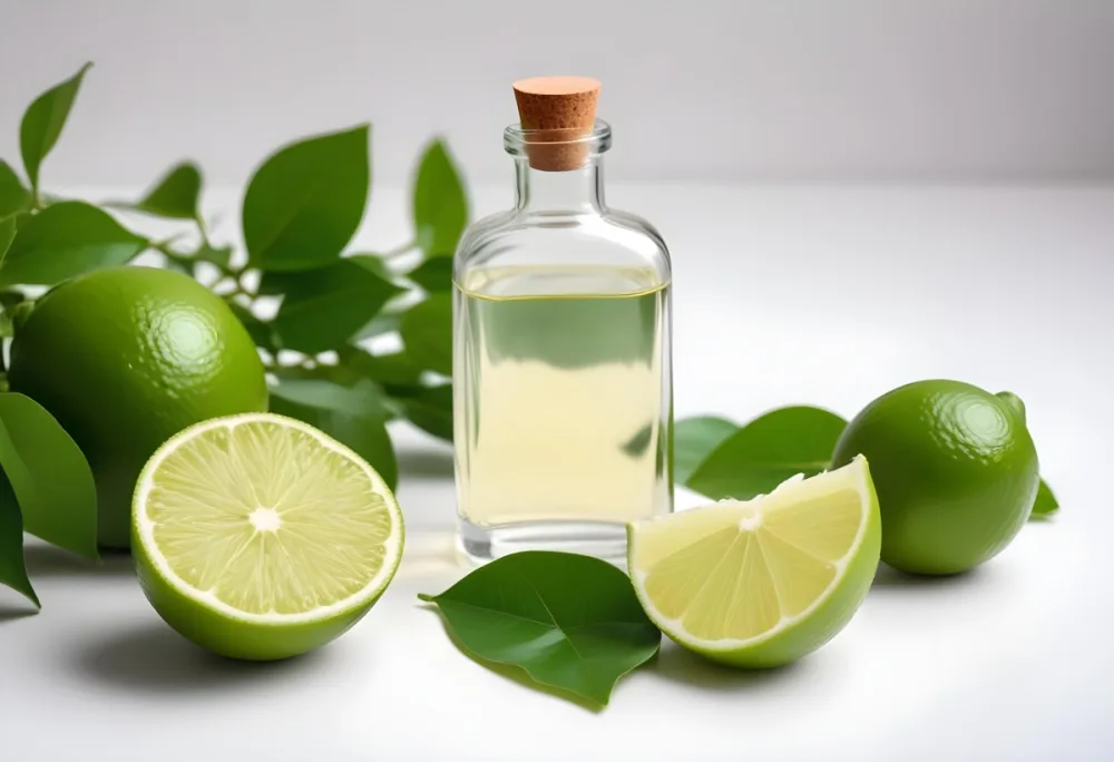 A Lime Slice Green Leaves And A Glass Bottle With Essential Oil On A White Background 6 Ea44