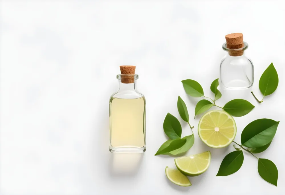 A Lime Slice Green Leaves And A Glass Bottle With Essential Oil On A White Background 9 0c98