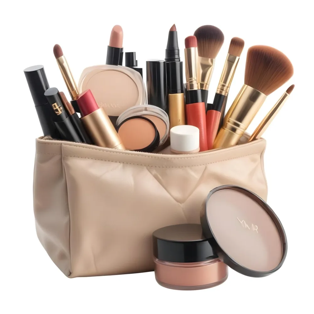 A Makeup Bag Full Of Makeup Products On A White Background 17 0827