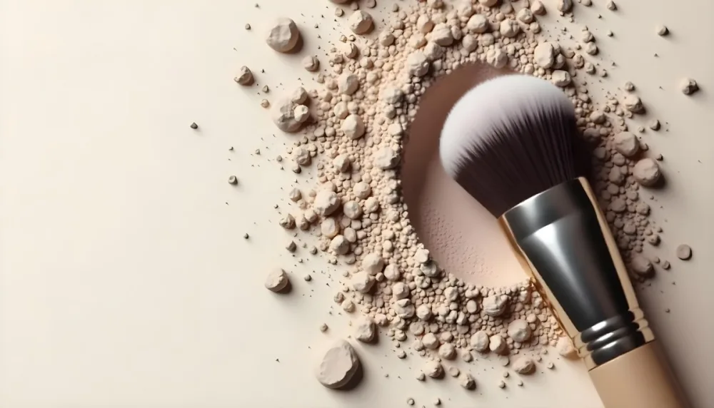A Makeup Brush On Top Of A Pile Of Loose Powder The Background Is A Plain Light Beige Surface 1 5a1e