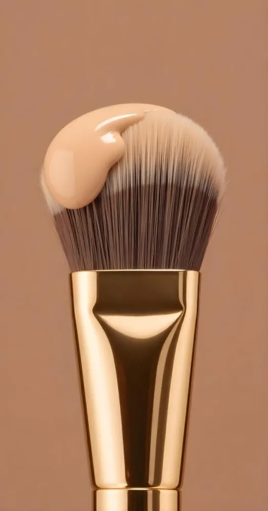 A Makeup Brush With Foundation On The Bristles Golden Handle Close Up Shot In A Studio With A Plain Beige Background 10 211b