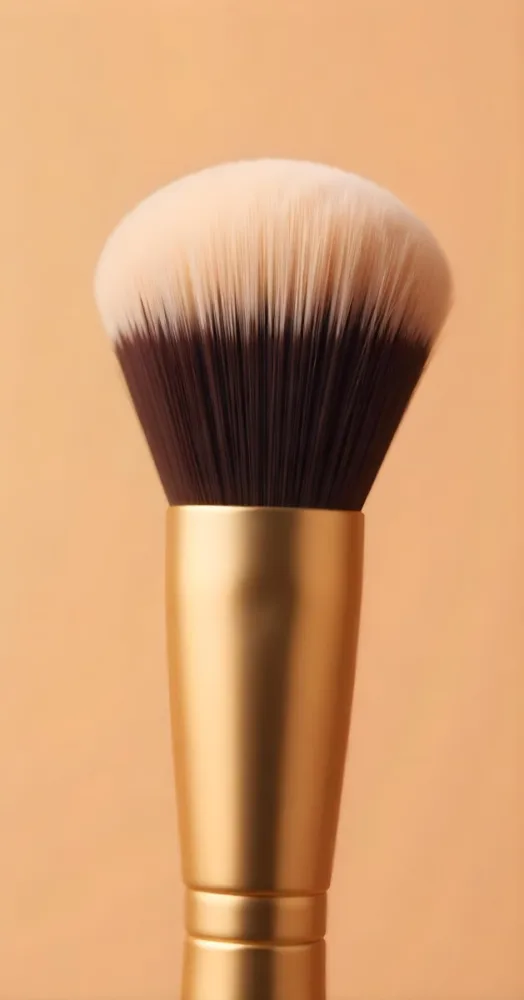 A Makeup Brush With Foundation On The Bristles Golden Handle Close Up Shot In A Studio With A Plain Beige Background 12 8ace