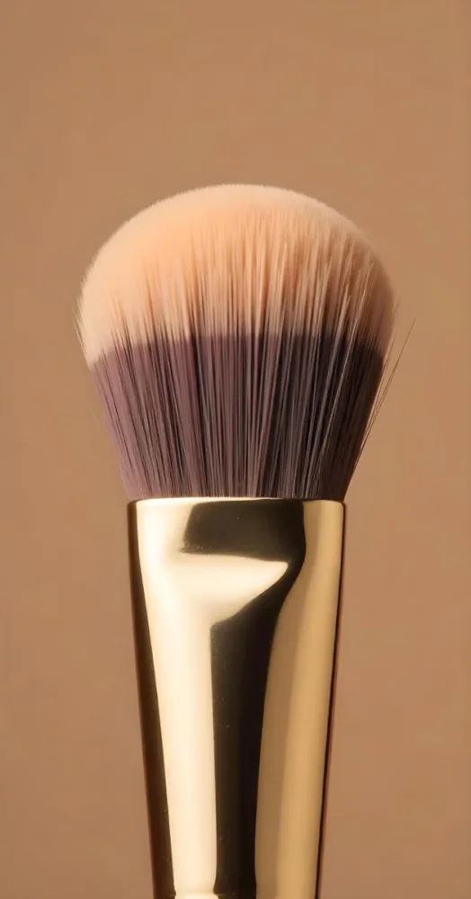 A Makeup Brush With Foundation On The Bristles Golden Handle Close Up Shot In A Studio With A Plain Beige Background 14 532c