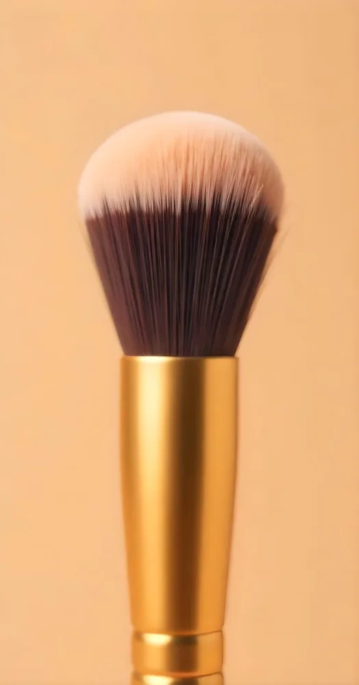 A Makeup Brush With Foundation On The Bristles Golden Handle Close Up Shot In A Studio With A Plain Beige Background 16 65c8