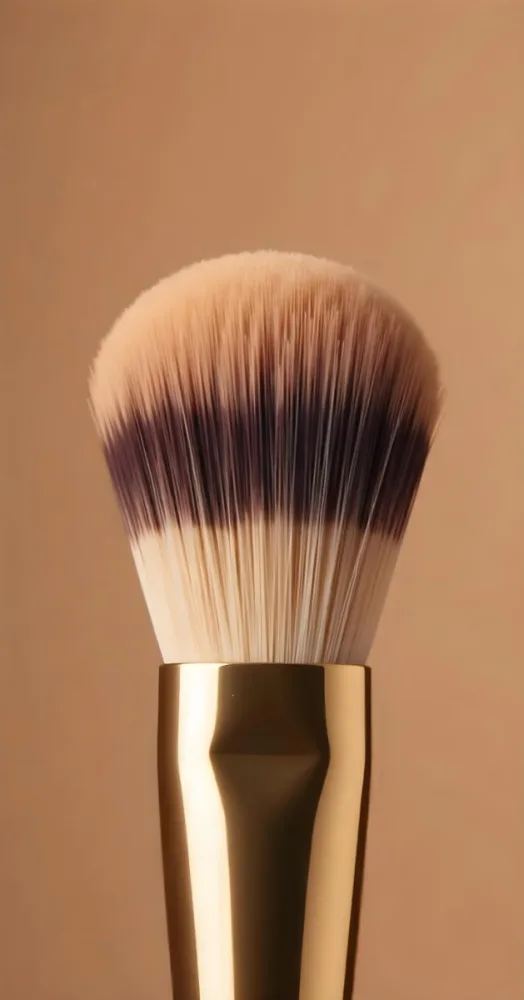 A Makeup Brush With Foundation On The Bristles Golden Handle Close Up Shot In A Studio With A Plain Beige Background 19 7e74