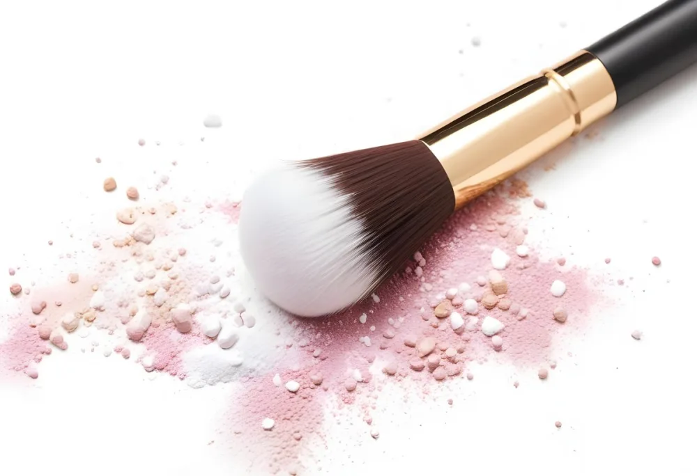 A Makeup Brush With White Bristles And A Gold Handle Surrounded By Scattered White Powder On A White Surface 16 9bbe