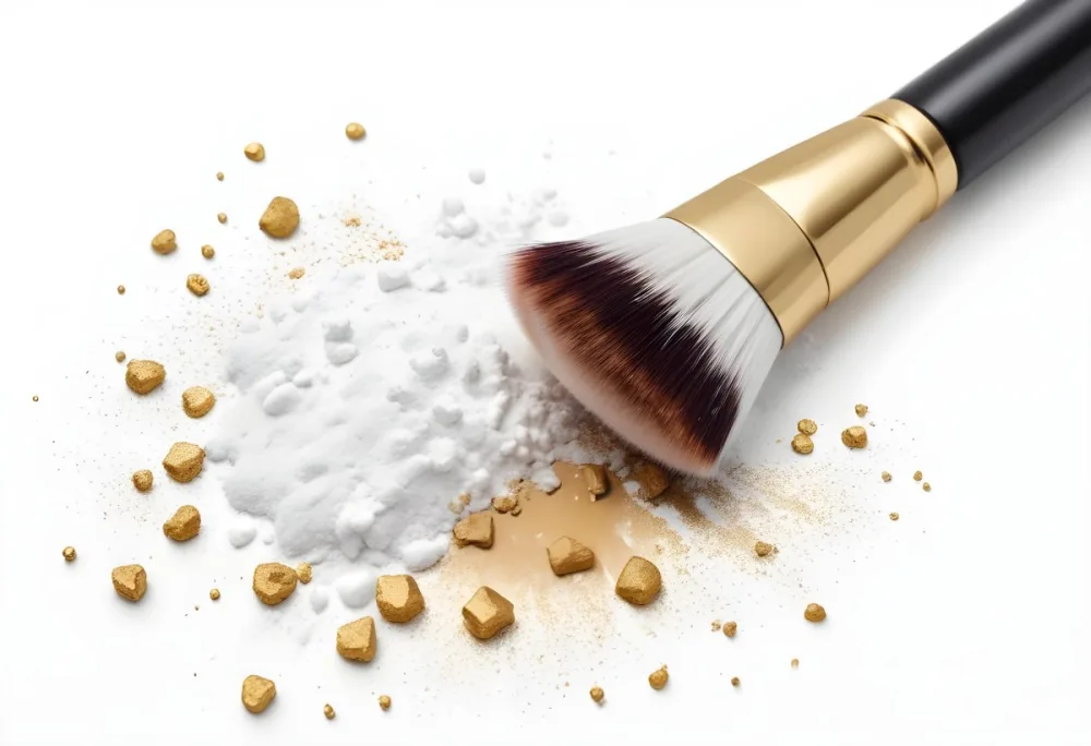 A Makeup Brush With White Bristles And A Gold Handle Surrounded By Scattered White Powder On A White Surface 17 9981