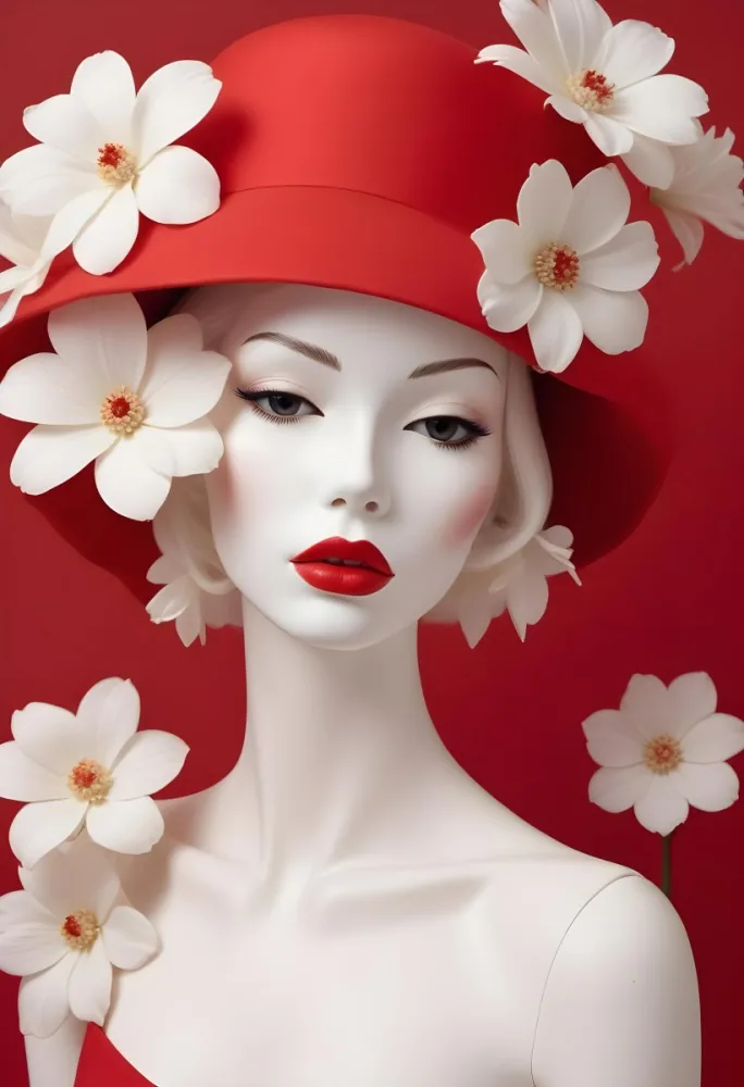 A Mannequin With White Skin And White Lips Wearing A Red Hat With A White Flower Around The Face In A Red Background 13 A668