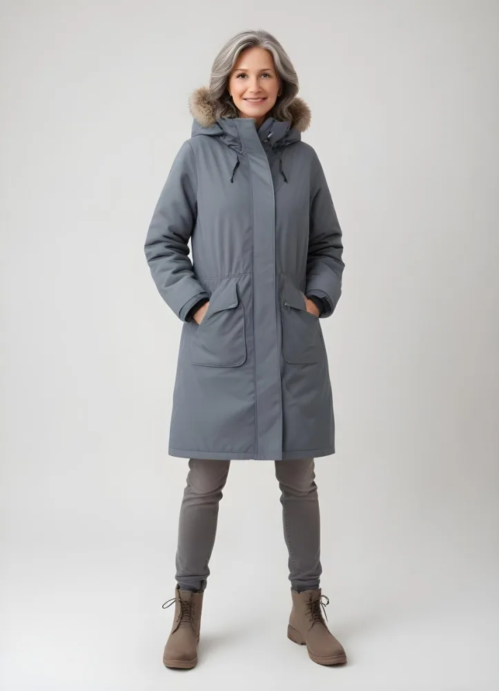 A Middle Aged Caucasian Woman Wearing A Gray Hooded Parka Coat Standing Against A Plain Background 21 79b6