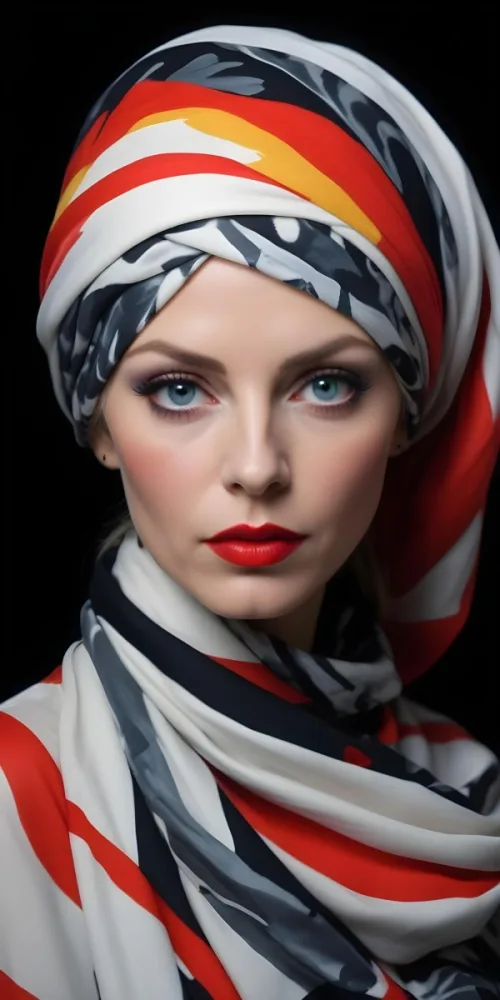 A Middle Aged Caucasian Woman With Long Blonde Hair Wearing A Colorful Patterned Headscarf Bold Red Lipstick And Dramatic Eye Makeup Against A Dark Background 1 8b5f
