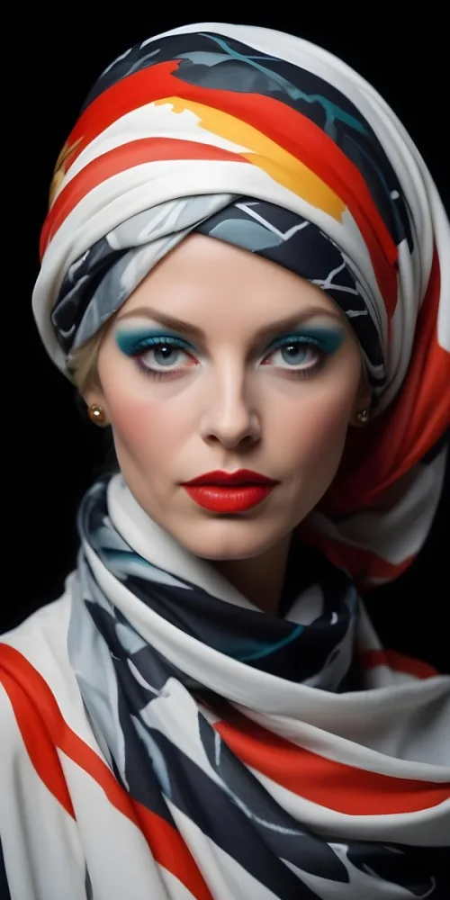 A Middle Aged Caucasian Woman With Long Blonde Hair Wearing A Colorful Patterned Headscarf Bold Red Lipstick And Dramatic Eye Makeup Against A Dark Background 10 69c6