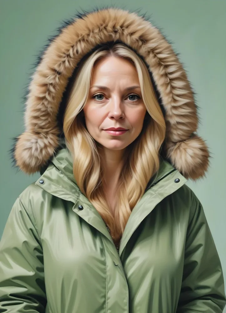 A Middle Aged Caucasian Woman With Long Blonde Hair Wearing A Light Green Parka With A Large Fur Lined Hood 8 B319