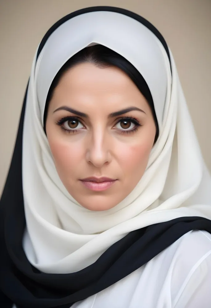 A Middle Aged Middle Eastern Woman With Dark Hair Wearing A White Hijab Looking Directly At The Camera With A Serious Expression 2