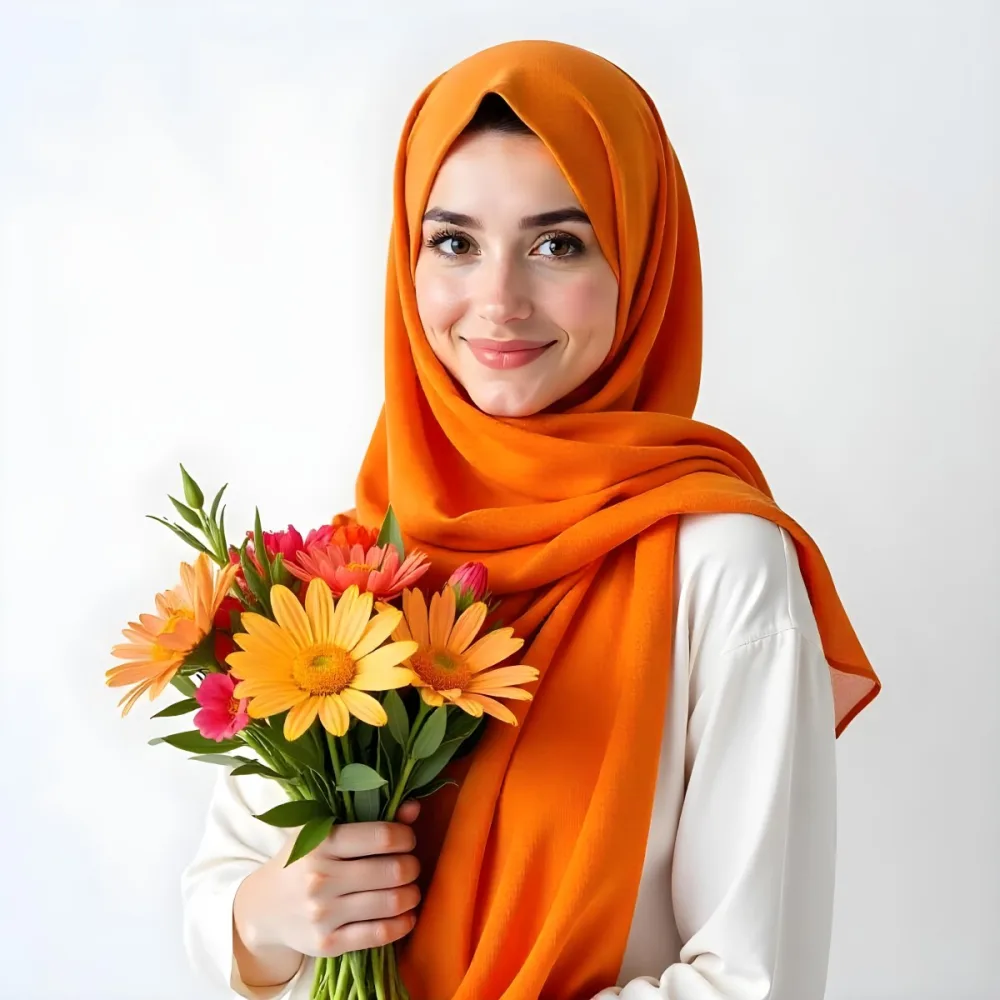 A Middle Eastern Woman 22 Years Old Fair Skin Light Brown Eyes Wearing An Orange Hijab And A White Shirt Holding A Colorful Bouquet Of Flowers White Background 1 E637