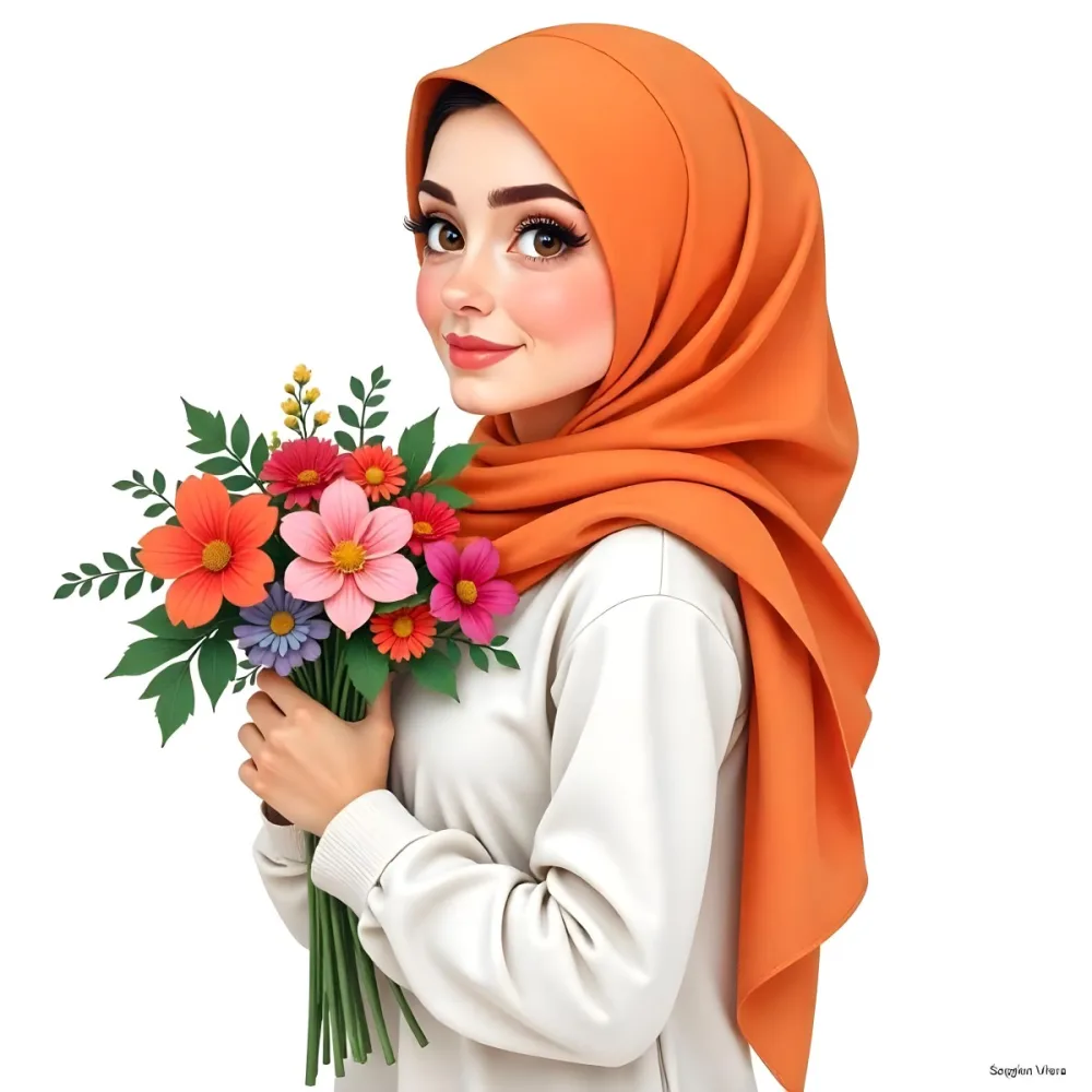 A Middle Eastern Woman 22 Years Old Fair Skin Light Brown Eyes Wearing An Orange Hijab And A White Shirt Holding A Colorful Bouquet Of Flowers White Background 12 5125