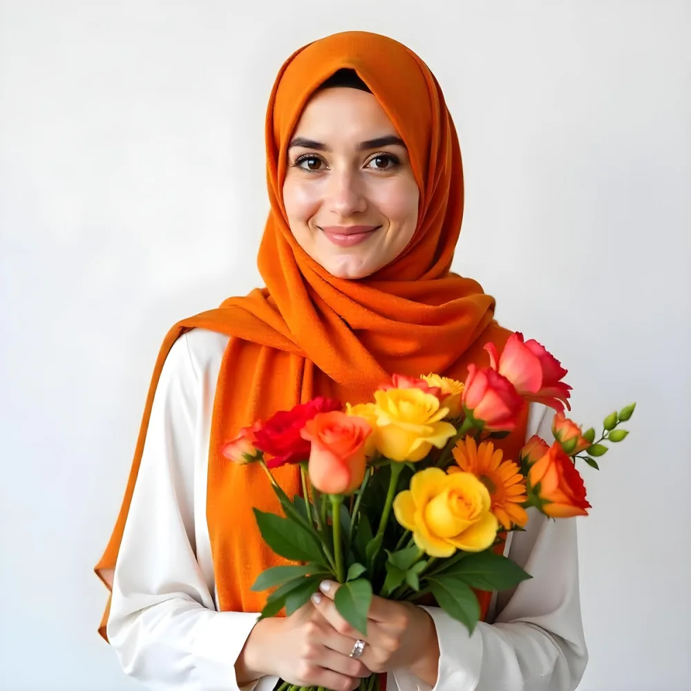 A Middle Eastern Woman 22 Years Old Fair Skin Light Brown Eyes Wearing An Orange Hijab And A White Shirt Holding A Colorful Bouquet Of Flowers White Background 16 861d