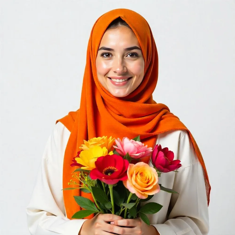 A Middle Eastern Woman 22 Years Old Fair Skin Light Brown Eyes Wearing An Orange Hijab And A White Shirt Holding A Colorful Bouquet Of Flowers White Background 17 0396