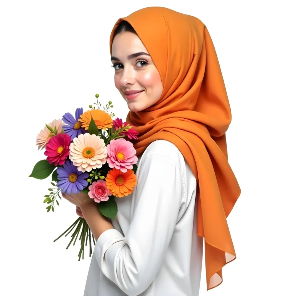 A Middle Eastern Woman 22 Years Old Fair Skin Light Brown Eyes Wearing An Orange Hijab And A White Shirt Holding A Colorful Bouquet Of Flowers White Background 18 1f83