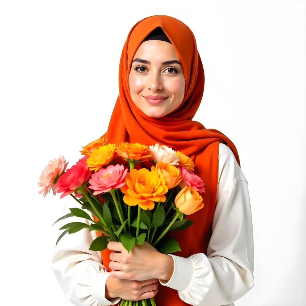 A Middle Eastern Woman 22 Years Old Fair Skin Light Brown Eyes Wearing An Orange Hijab And A White Shirt Holding A Colorful Bouquet Of Flowers White Background 20 0ca4