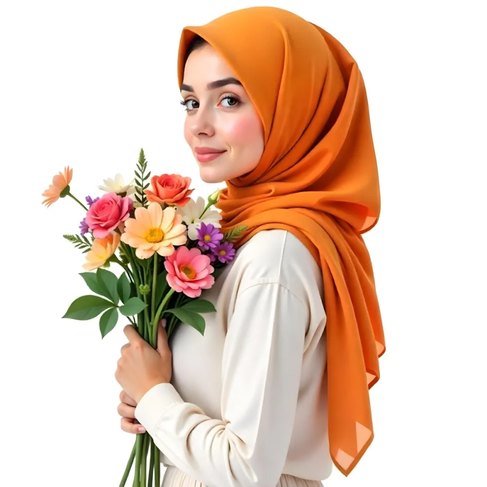 A Middle Eastern Woman 22 Years Old Fair Skin Light Brown Eyes Wearing An Orange Hijab And A White Shirt Holding A Colorful Bouquet Of Flowers White Background 21 2bdc