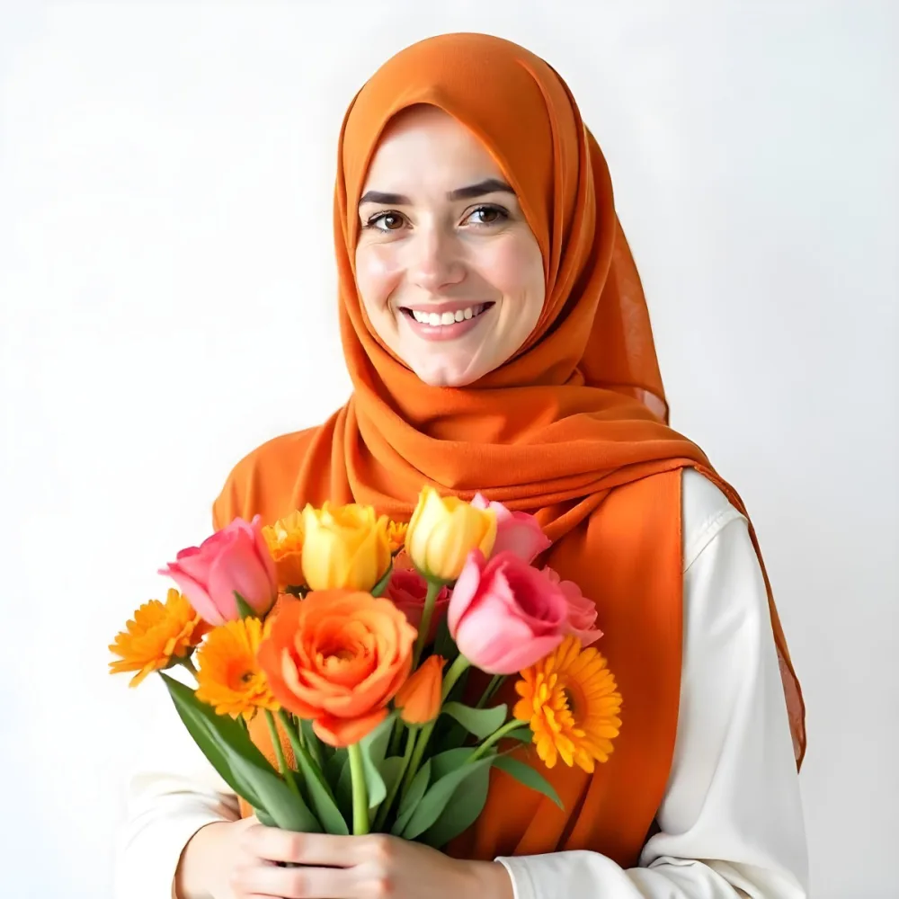 A Middle Eastern Woman 22 Years Old Fair Skin Light Brown Eyes Wearing An Orange Hijab And A White Shirt Holding A Colorful Bouquet Of Flowers White Background 26 372d