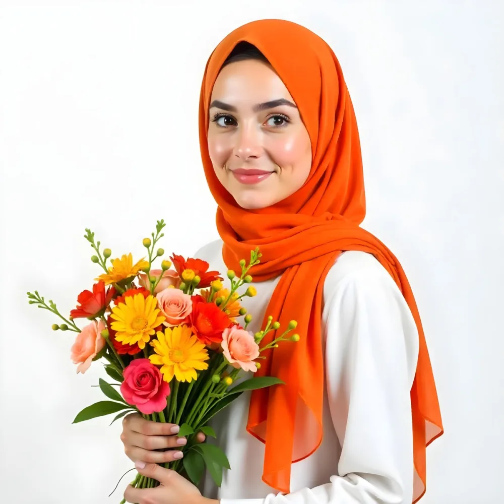 A Middle Eastern Woman 22 Years Old Fair Skin Light Brown Eyes Wearing An Orange Hijab And A White Shirt Holding A Colorful Bouquet Of Flowers White Background 4 Ba41