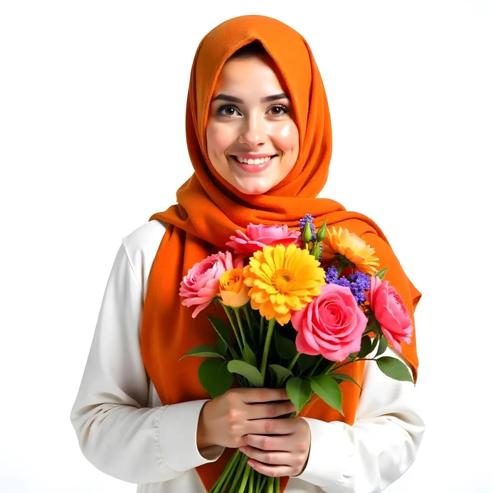 A Middle Eastern Woman 22 Years Old Fair Skin Light Brown Eyes Wearing An Orange Hijab And A White Shirt Holding A Colorful Bouquet Of Flowers White Background 6 1efe
