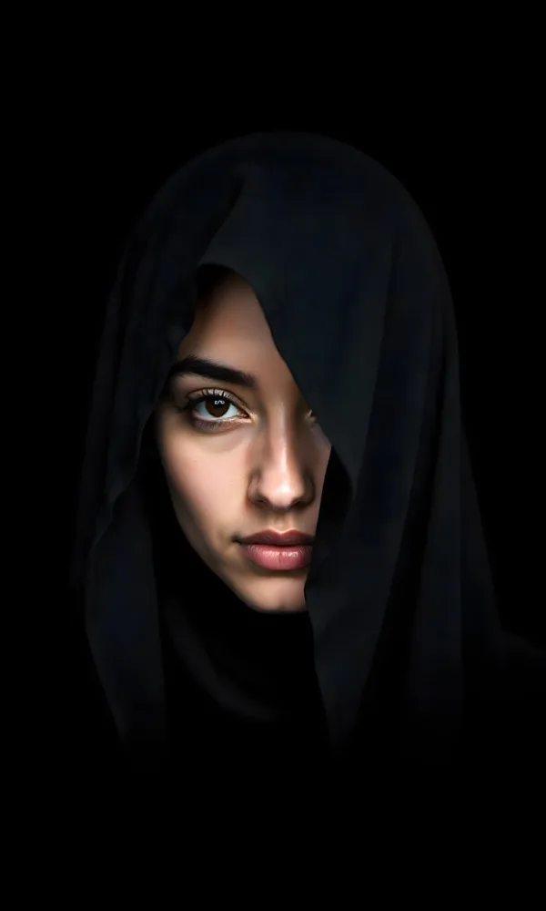 A Middle Eastern Woman 23 Years Old With Black Lips And Black Hood Dark Background 3 63ee