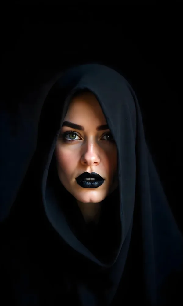 A Middle Eastern Woman 23 Years Old With Black Lips And Black Hood Dark Background 9 C809