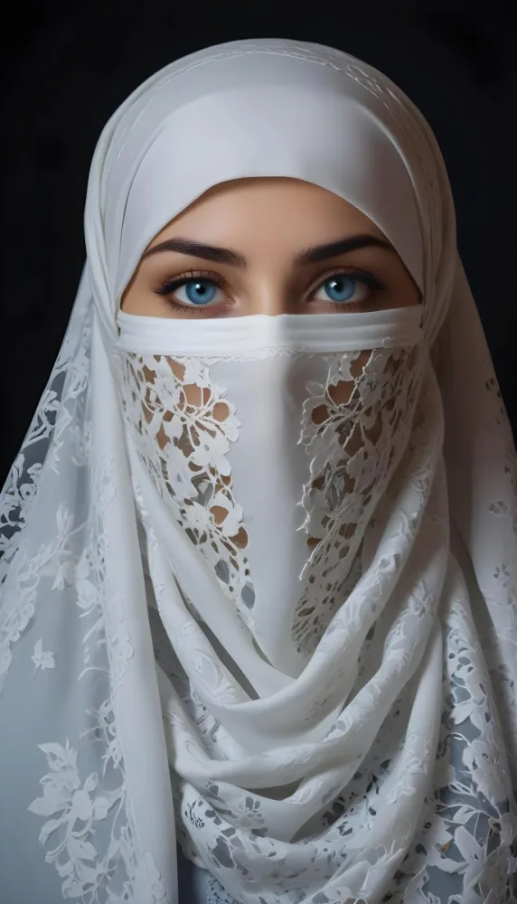 A Middle Eastern Woman 23 Years Old With Blue Eyes And A White Hijab With Floral Lace In A Dark Background 10 9375