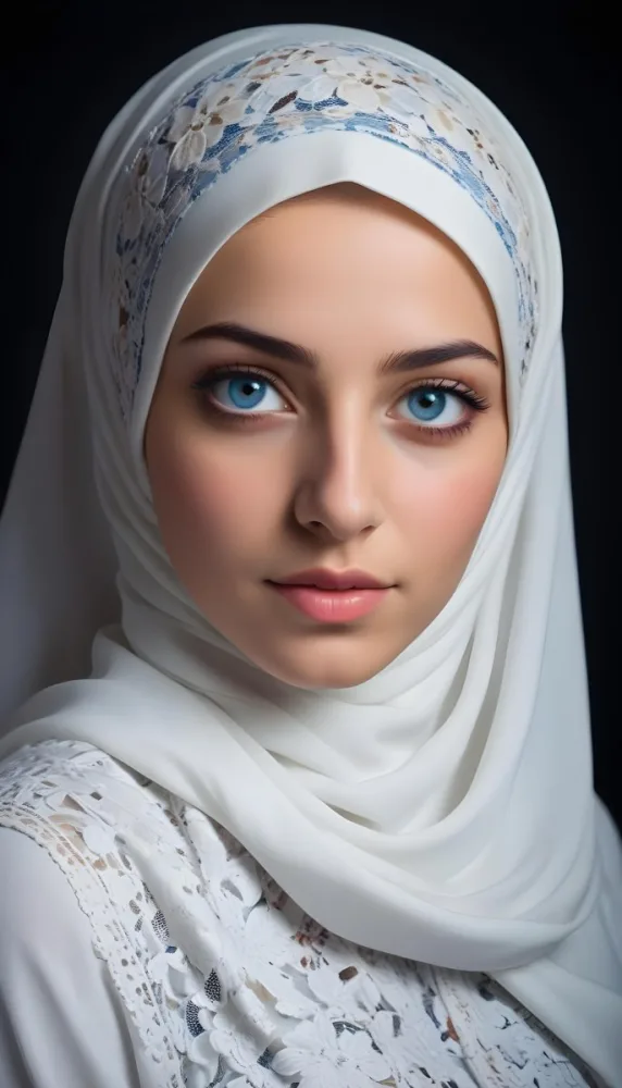 A Middle Eastern Woman 23 Years Old With Blue Eyes And A White Hijab With Floral Lace In A Dark Background 30 594e