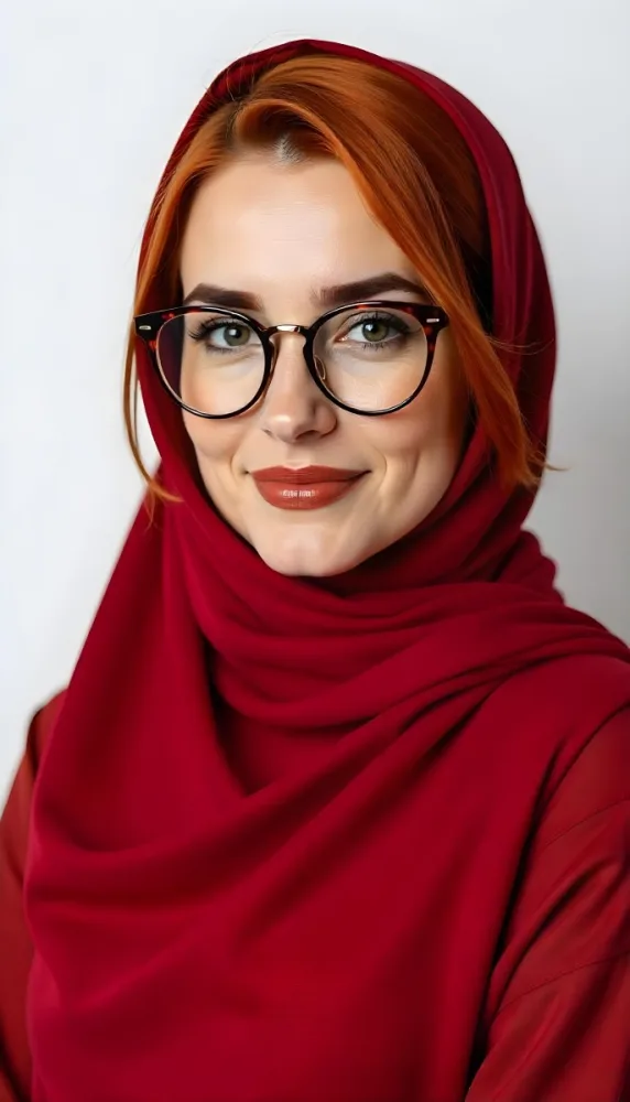 A Middle Eastern Woman 24 Years Old With Red Hair Wearing A Red Hijab And Glasses Brown Lipstick In A White Background 25 5f38