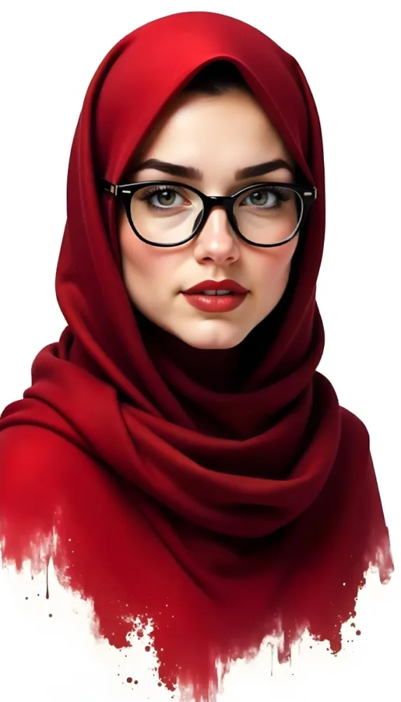 A Middle Eastern Woman 24 Years Old With Red Hair Wearing A Red Hijab And Glasses Brown Lipstick In A White Background 36 83b5