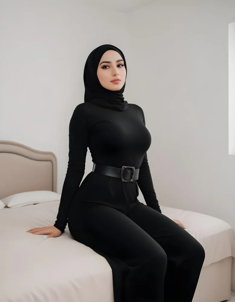 A Middle Eastern Woman 25 Years Old Black Hair Wearing A Black Hijab And A Black Catsuit With A Black Belt Sitting On A Bed In A Room With White Walls 10 820b