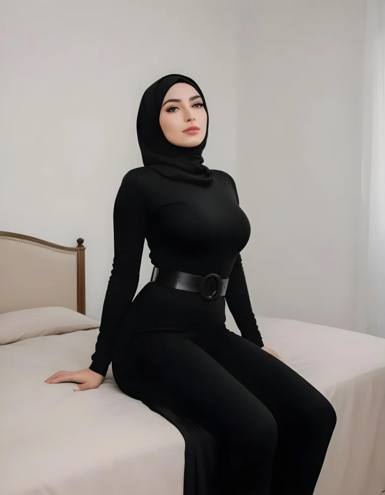 A Middle Eastern Woman 25 Years Old Black Hair Wearing A Black Hijab And A Black Catsuit With A Black Belt Sitting On A Bed In A Room With White Walls 16 1ce9