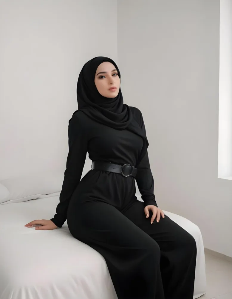 A Middle Eastern Woman 25 Years Old Black Hair Wearing A Black Hijab And A Black Catsuit With A Black Belt Sitting On A Bed In A Room With White Walls 4 7d56