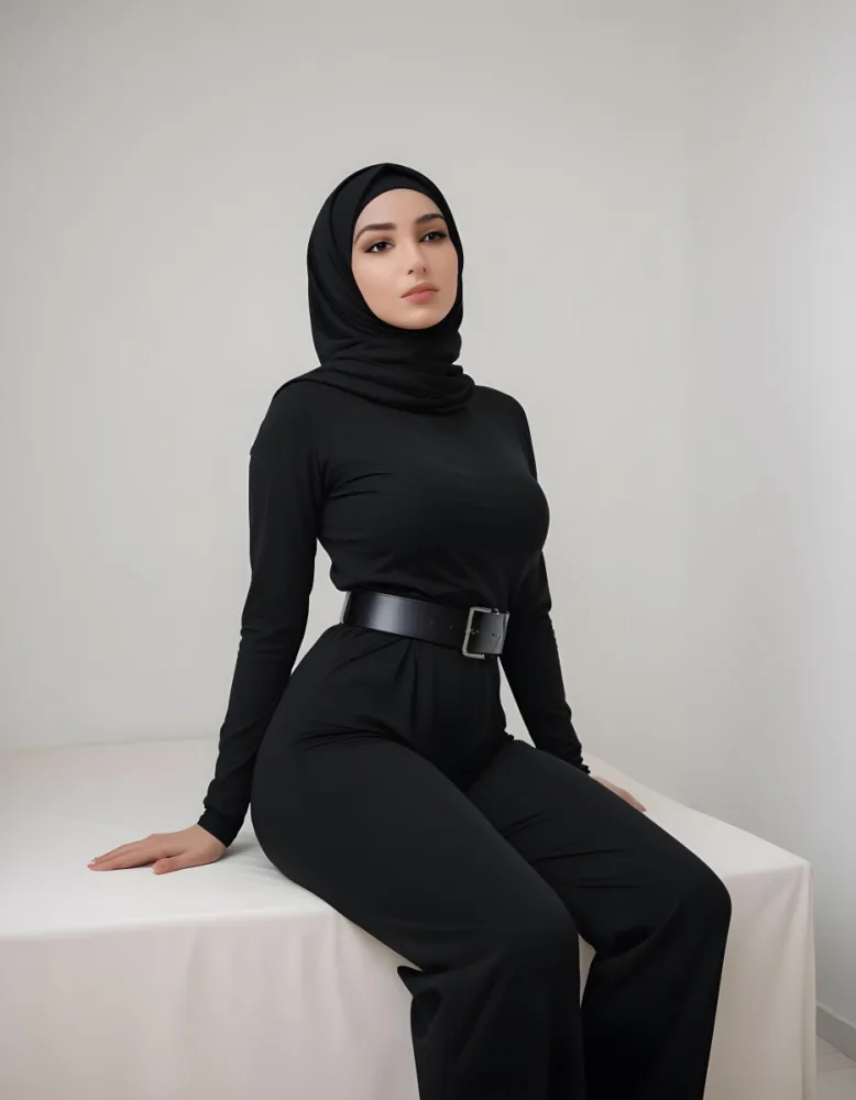 A Middle Eastern Woman 25 Years Old Black Hair Wearing A Black Hijab And A Black Catsuit With A Black Belt Sitting On A Bed In A Room With White Walls 8 71e6