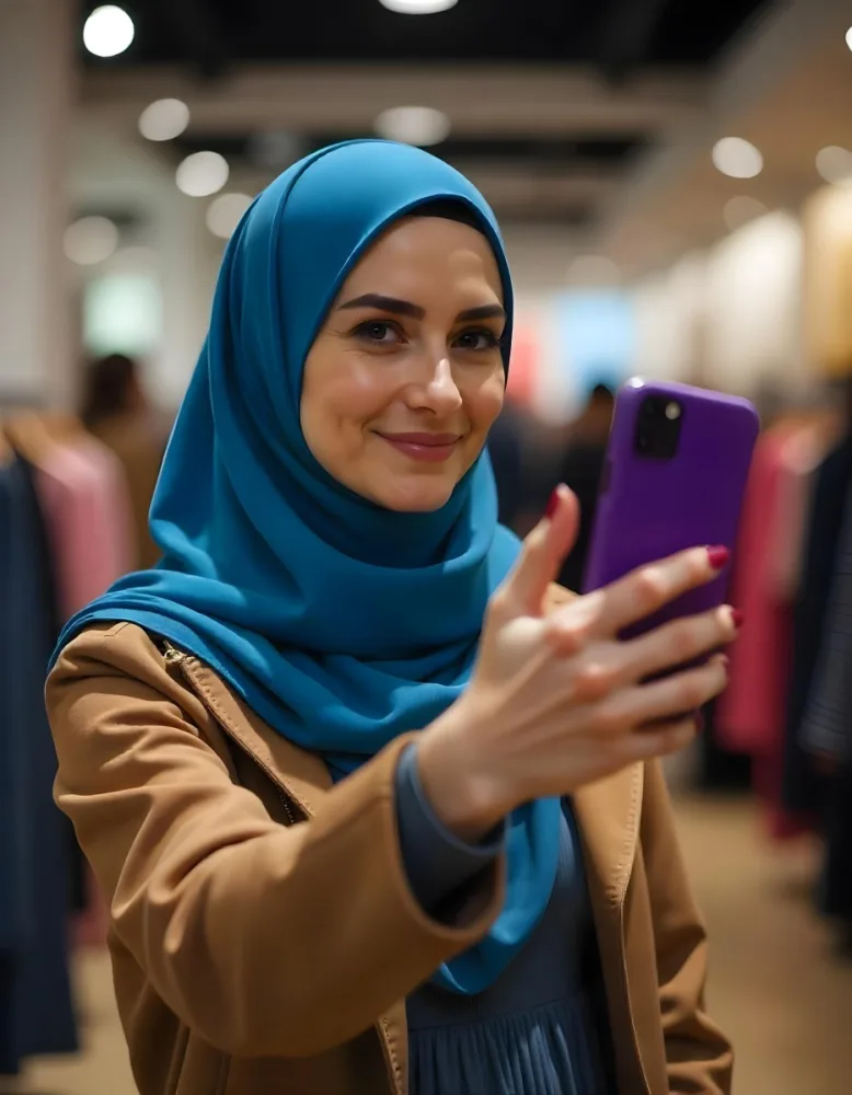 A Middle Eastern Woman 25 Years Old Light Skin With A Blue Hijab Taking A Selfie With A Purple Phone In A Clothing Store 15 8955
