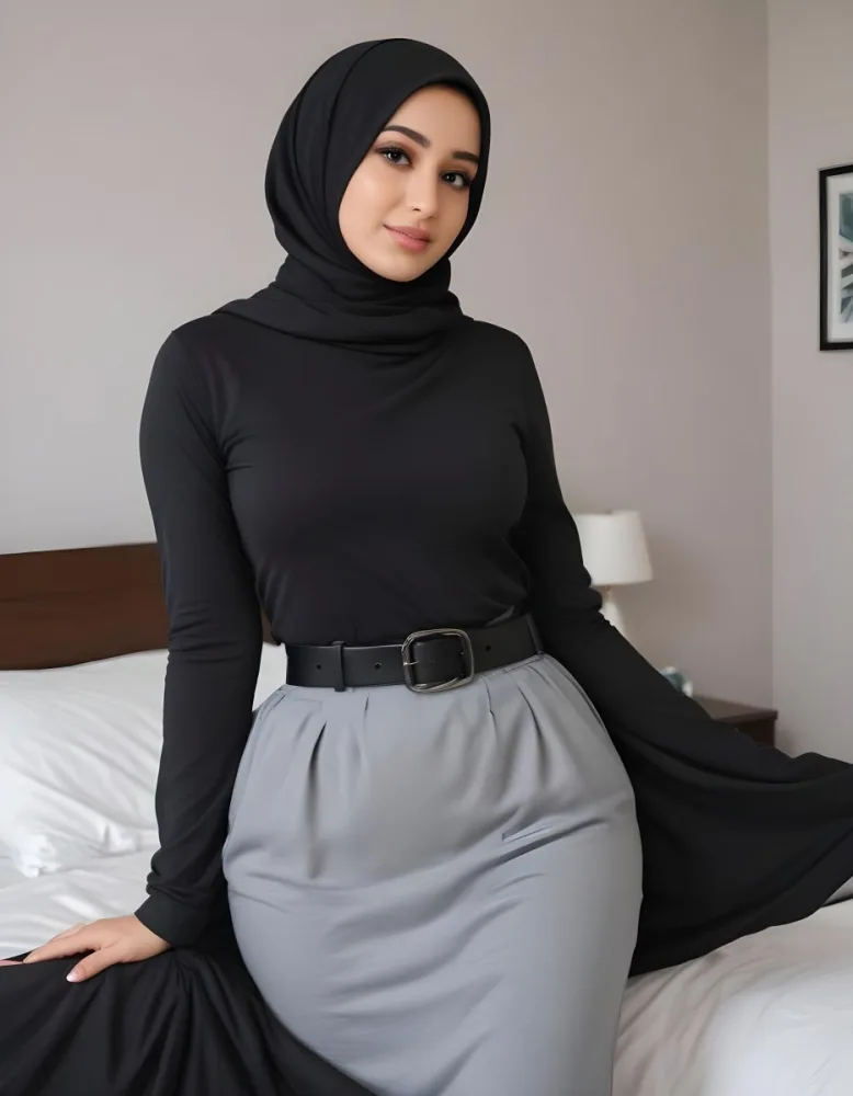 A Middle Eastern Woman 25 Years Old Wearing A Black Hijab Gray Long Sleeve Shirt Gray Skirt And A Black Belt In A Bedroom 24 Ad1d