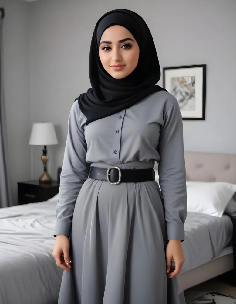 A Middle Eastern Woman 25 Years Old Wearing A Black Hijab Gray Long Sleeve Shirt Gray Skirt And A Black Belt In A Bedroom 34 4d05